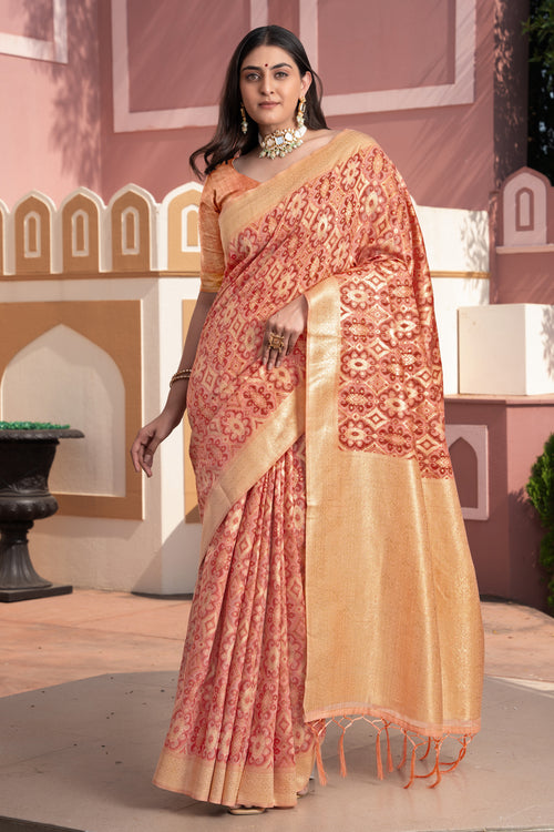Peach Ikat Silk Cotton Saree With Zari Woven Grace