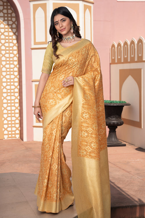 Yellow Ikat Silk Zari Woven Cotton Saree