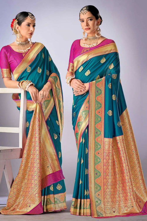 Teal Blue With Pink Woven Art Silk Saree