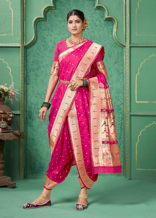 Pink Festive Wear Woven Nauvari Unstitched Paithani Silk Saree
