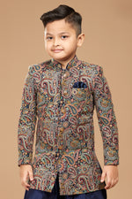  Multicolor Kurta Dhoti Set In Silk With Ikkat Print For Boys