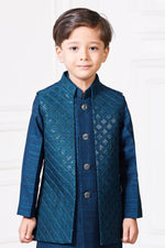 Royal Blue Embroidered Nehru Jacket Set For Boys
