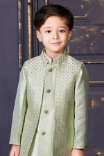 Mint Green Kurta Set In Silk With Sequins and Threadwork For Boys