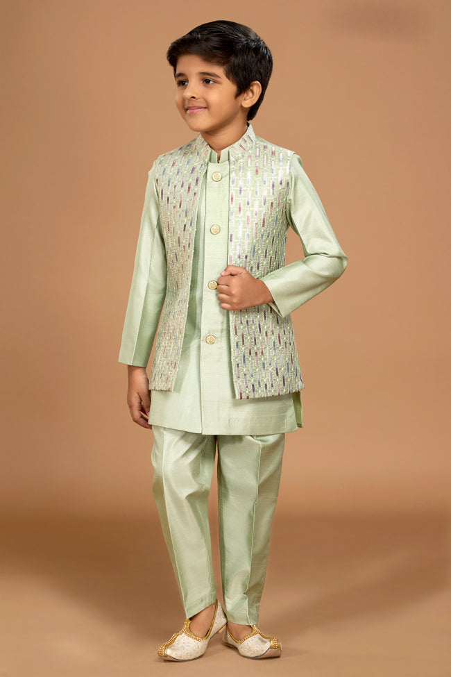 Light Green Wedding Wear Embroidered Jacket Kurta Set For Boys
