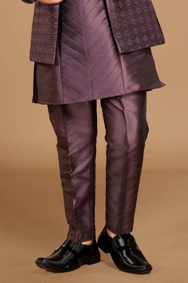 Mauve Purple Wedding Wear Jacket Kurta Set For Boys