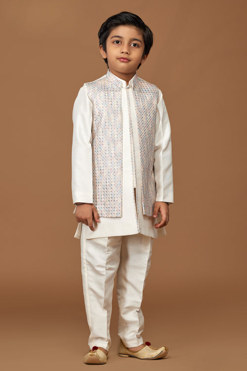 Off White And Cream Wedding Wear Indowestern Set For Boys