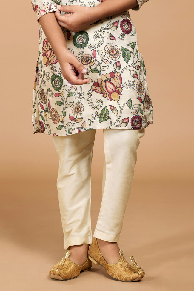 Multicolor Festive Wear Floral Printed Kurta Pajama In Cotton Silk Set For Boys