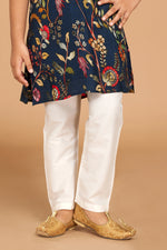 Navy Blue Floral Printed Cotton Silk Kurta Pajama Set For Boys