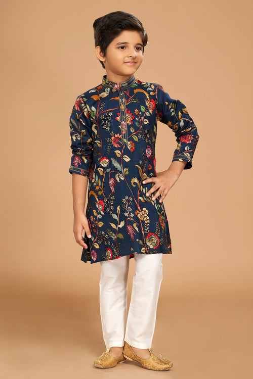 Navy Blue Floral Printed Cotton Silk Kurta Pajama Set For Boys