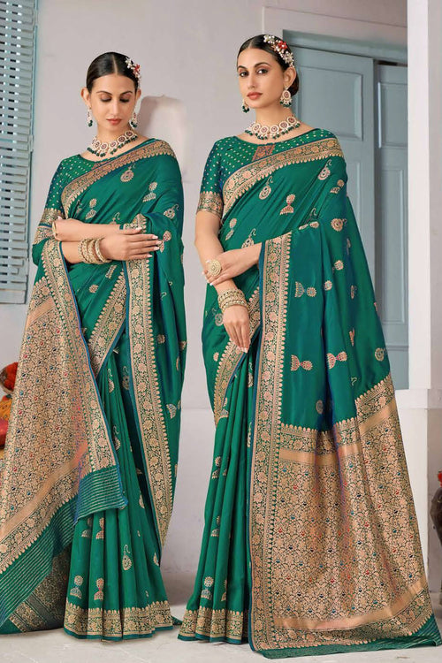 Peacock Green Banarasi Silk Festival Traditional Saree With Blouse Piece