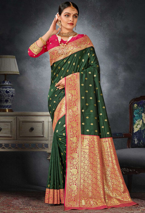 Forest Green With Red Woven Art Silk Saree With Blouse Piece