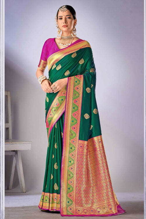 Mint Green With Pink Woven Art Silk Saree