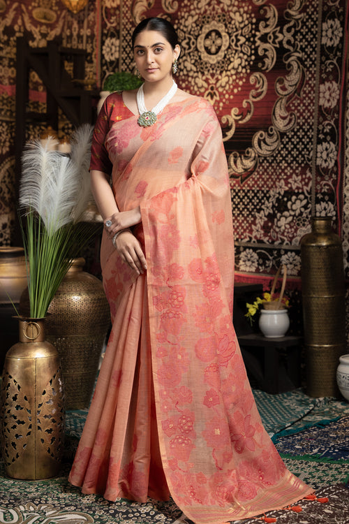 Light Peach Soft Cotton Weaving Jamdani Saree