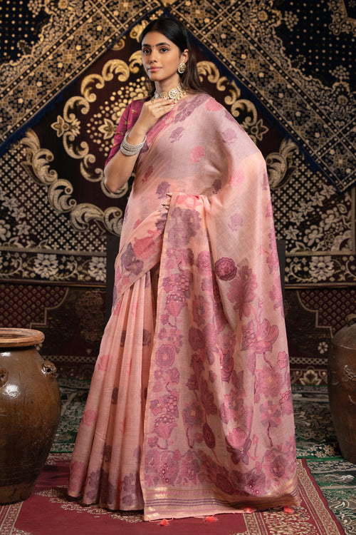 Rose Pink Soft Cotton Weaving Jamdani Saree