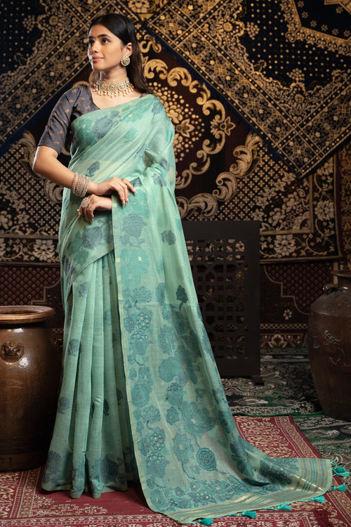 Turquoise Blue Soft Cotton Weaving Jamdani Saree