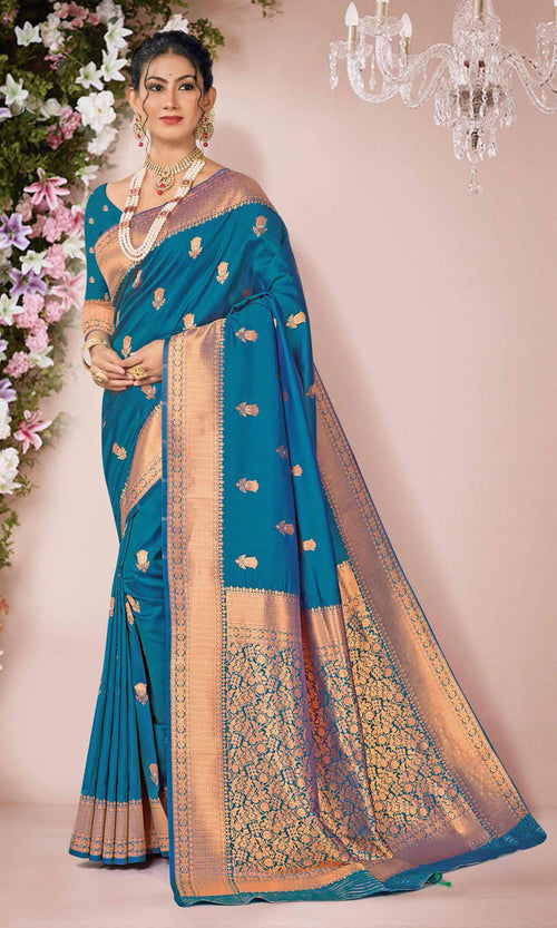 Stunning Blue Woven Art Silk Saree With Blouse Piece