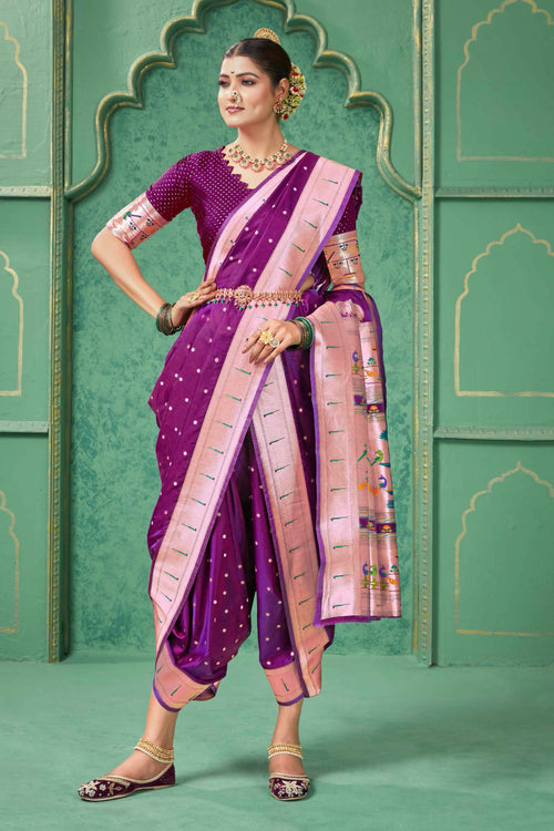 Magenta Purple Traditional Wear Nauvari Unstitched Paithani Silk Saree