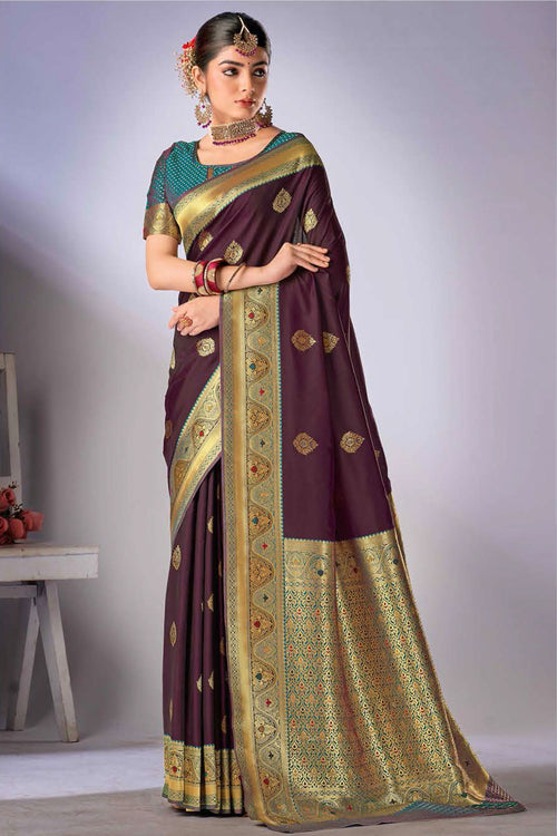 Brown With Teal Woven Art Silk Saree