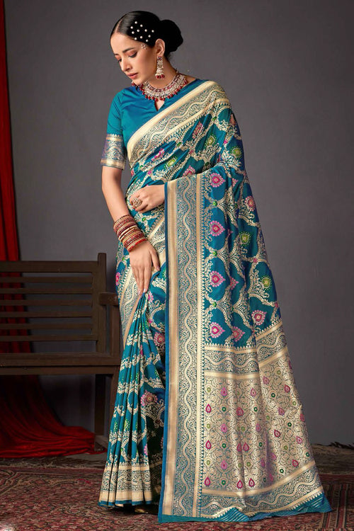 Blue Color Heavy Woven Silk Saree And Blouse Piece