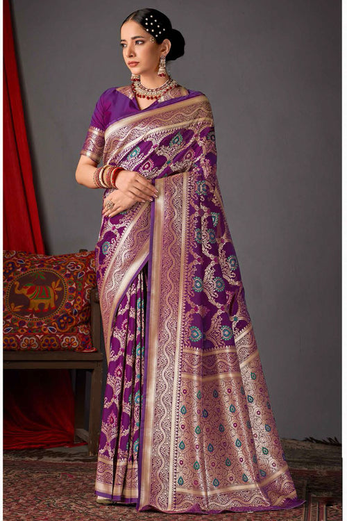 Purple Color Heavy Woven Silk Saree And Blouse Piece