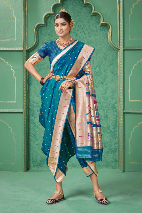 Blue Traditional Wear Nauvari Unstitched Paithani Silk Saree