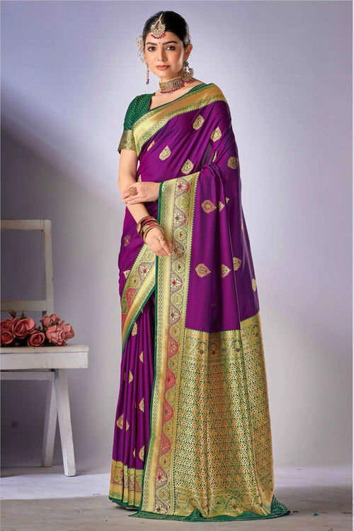 Purple With Green Woven Art Silk Saree