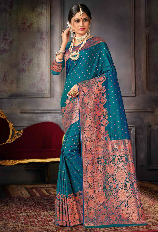 Steel Blue Weaving Silk Saree With Zari Border Tassal Pallu Blouse Piece