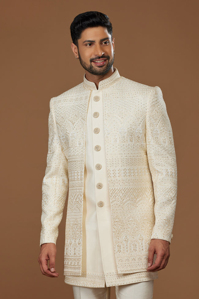 Golden Cream Sequins Embroidered Jacket Style Indowestern Set For Men