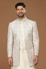 Off White Jacket Style Thread Embroidered Indowestern Set For Men