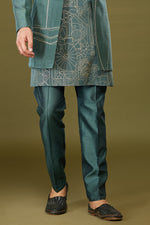 Elegant Palace Green Thread Embroidered Jacket Style Indowestern Set For Men