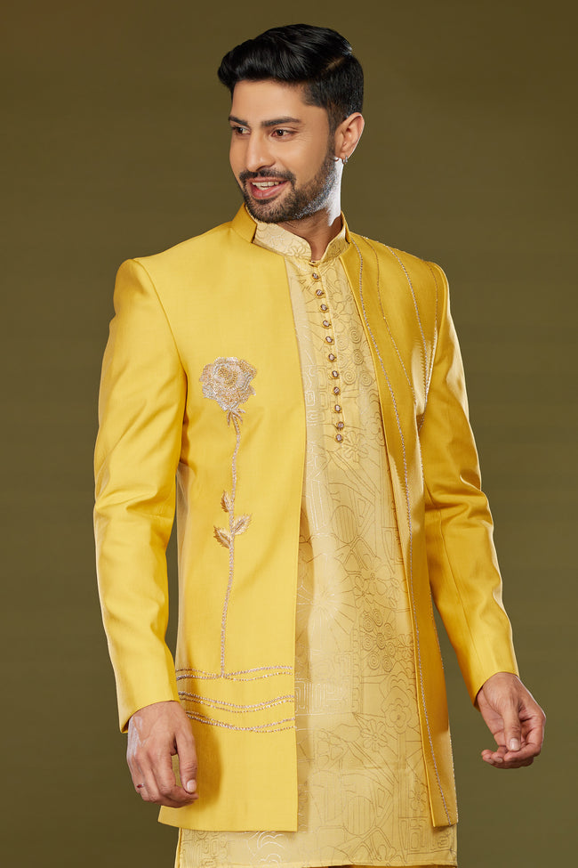 Elegant Yellow Thread Embroidered Jacket Style Indowestern Set For Men