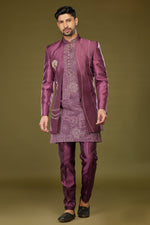 Purple Thread Embroidered Jacket Style Indowestern Set For Men