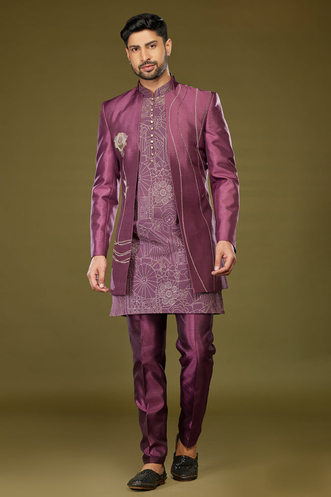Purple Thread Embroidered Jacket Style Indowestern Set For Men