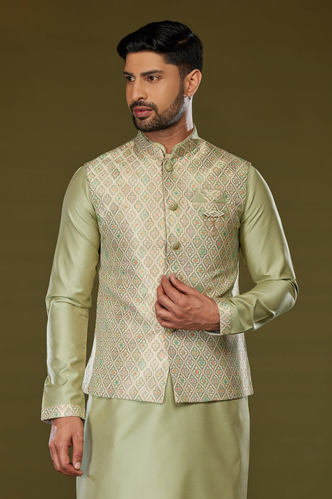 Light Green Readymade Fancy Thread Work Nehru Jacket Set For Men