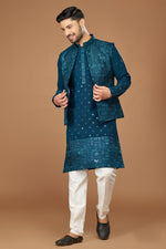 Teal Blue Readymade Art Silk Thread Embroidered Nehru Jacket For Men