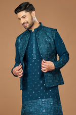 Teal Blue Readymade Art Silk Thread Embroidered Nehru Jacket For Men