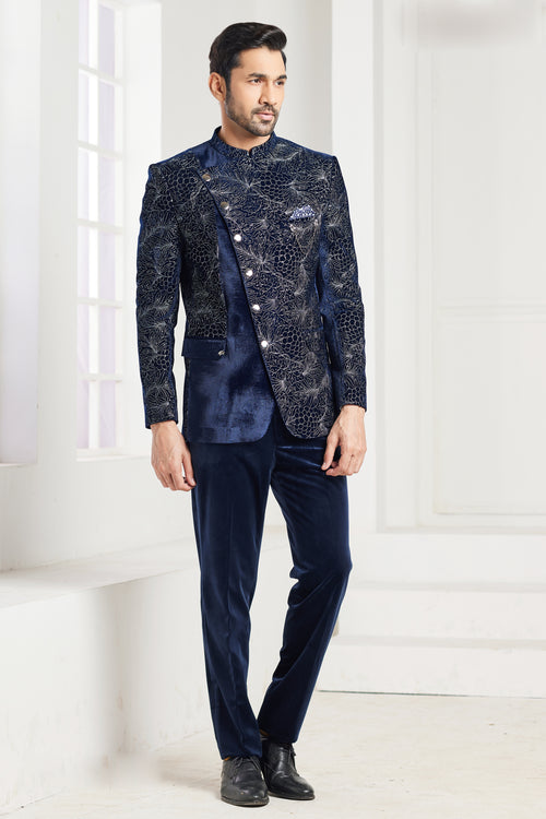 Blue Color Jacquard Silk Jodhpuri Mens Suit