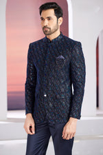 Navy Blue Thread Embroidered Imported Jodhpuri Mens Suit