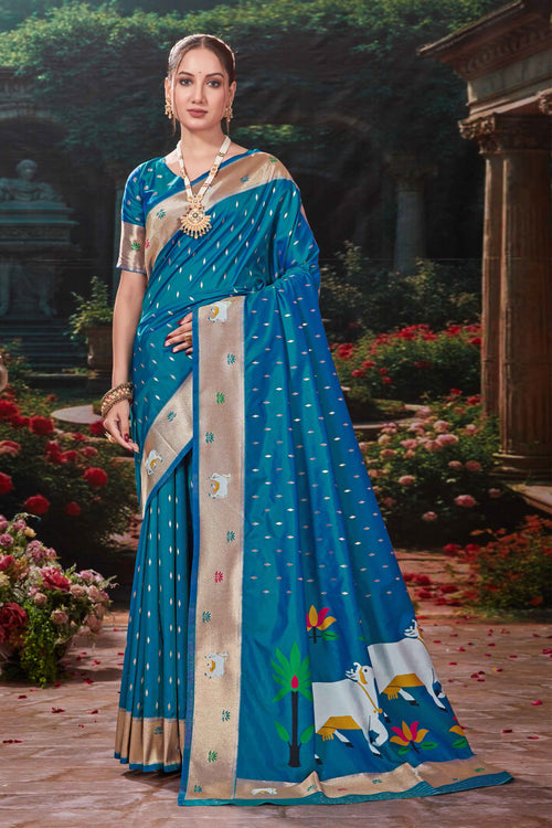 Rama Blue Weaving Silk Festival Designer Paithani Saree