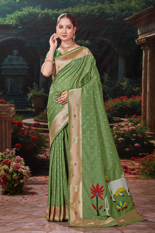 Pista Green Weaving Silk Festival Designer Paithani Saree