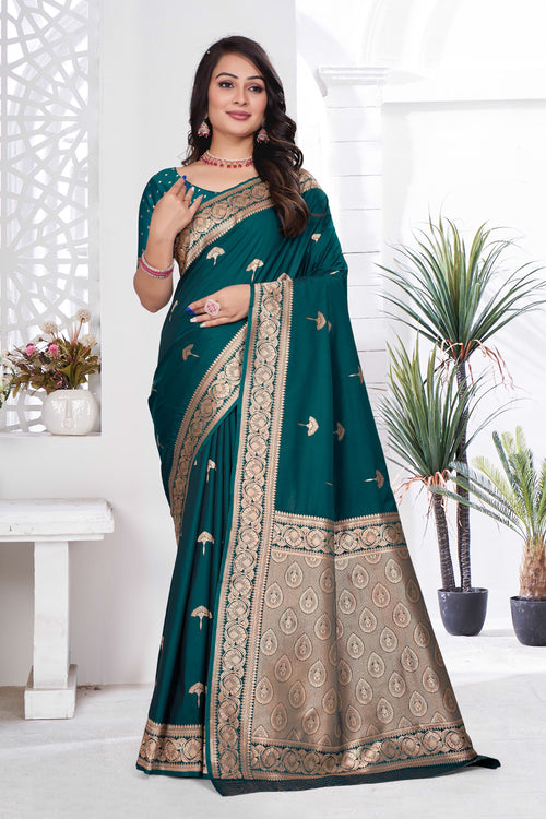 Teal Blue Woven Zari Banarasi Art Silk Saree