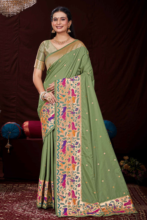 Sage Green Festive Wear Woven Banarasi Silk Paithani Saree
