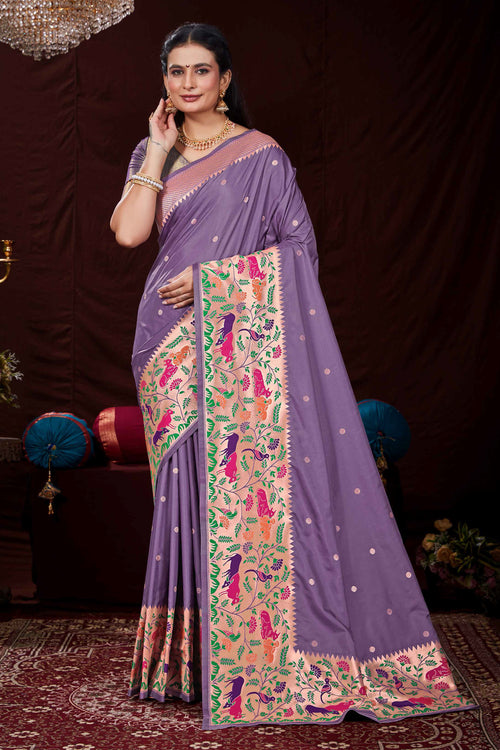 Lavender Festive Wear Woven Banarasi Silk Paithani Saree