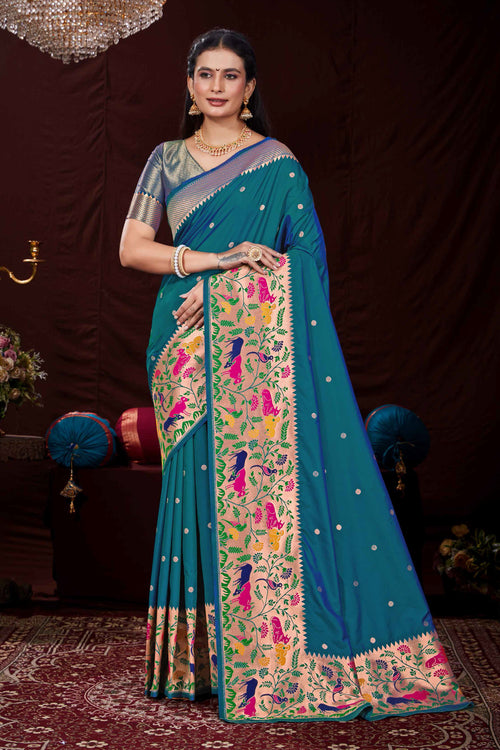 Teal Blue Festive Wear Woven Banarasi Silk Paithani Saree