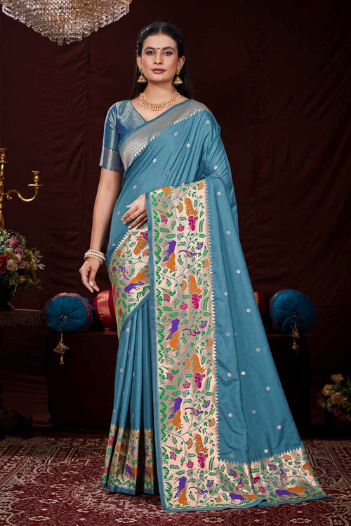 Light Blue Festive Wear Woven Banarasi Silk Paithani Saree