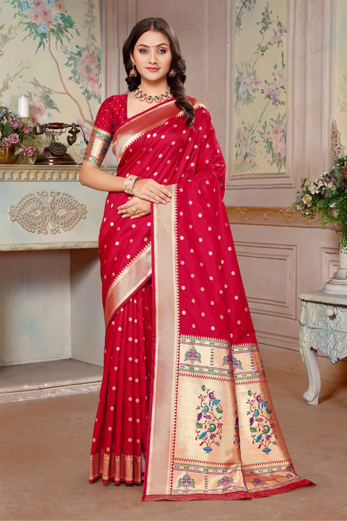 Crimson Red Zari Woven Paithani Silk Saree