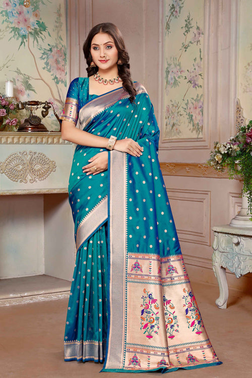 Feroza Blue Woven Zari Paithani Silk Saree