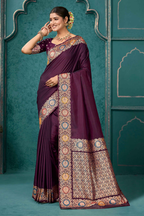 Maroon Woven Design Border Zari Silk Banarasi Saree