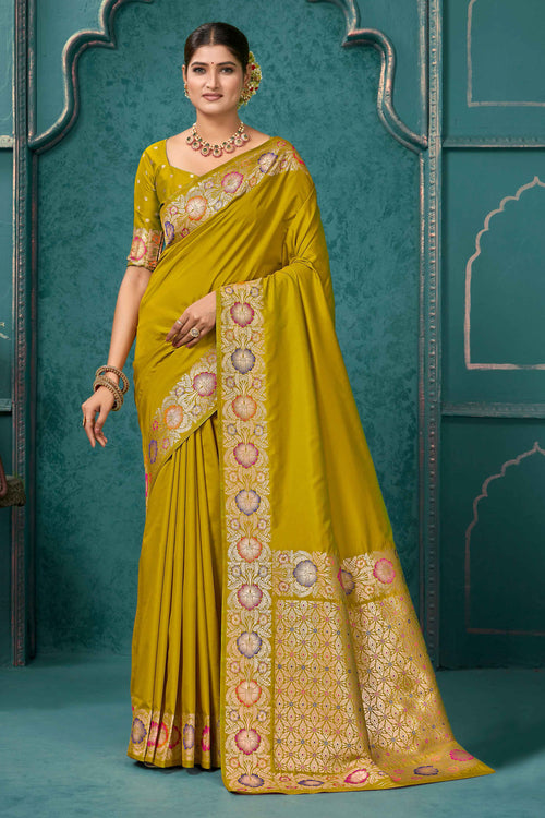 Yellow Woven Design Border Zari Silk Banarasi Saree