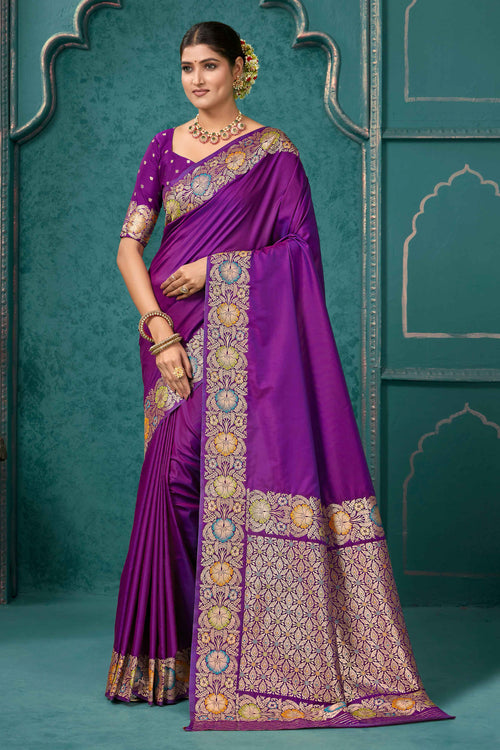 Purple Woven Design Border Zari Silk Banarasi Saree
